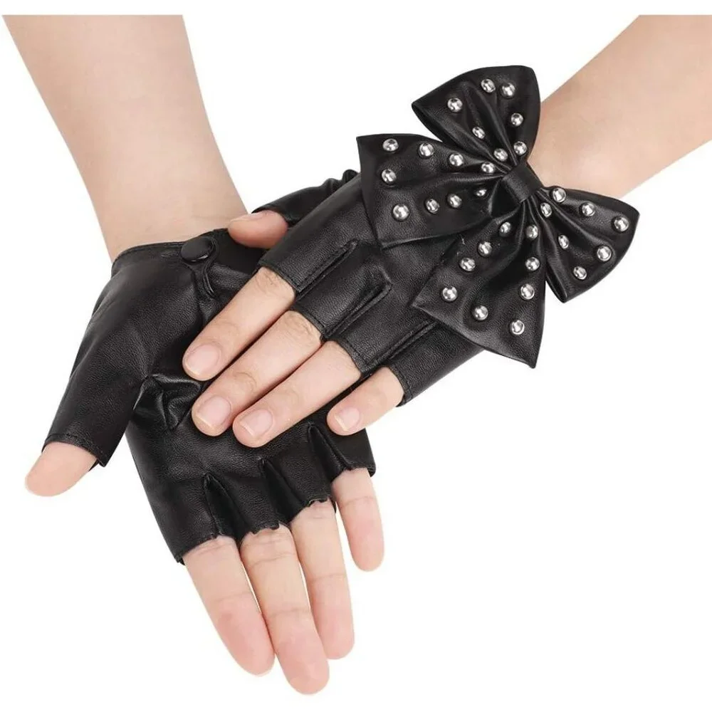 Women's Punk Rock Big Bowknot PU Leather Stage Dance Half Finger Black Gloves